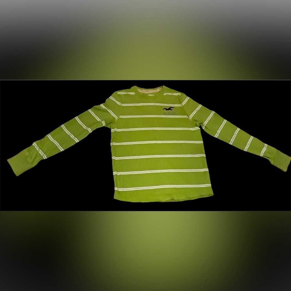 Hollister Shirt Adult Medium Green Striped Logo Long Sleeve Pullover Tee Mens